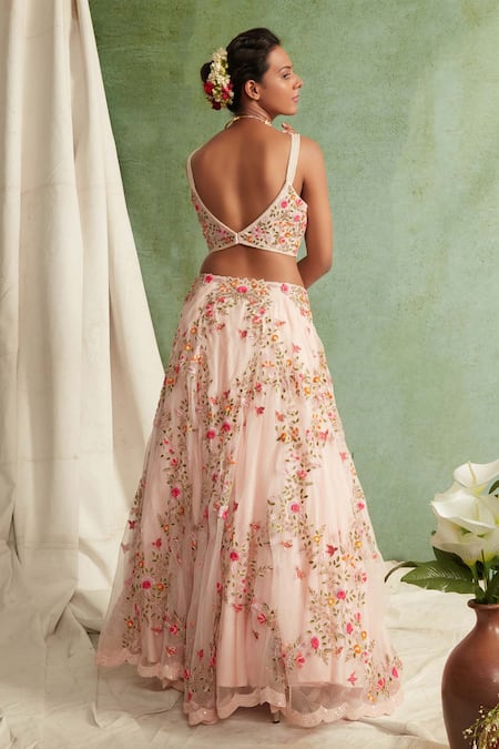 Shop Priyanka Jain Pink Organza, Chanderi V Neck Embroidered Bridal Lehenga Set at Aza Fashions Shop_Priyanka Jain_Pink Organza, Chanderi V Neck Embroidered Bridal Lehenga Set _at_Aza_Fashions