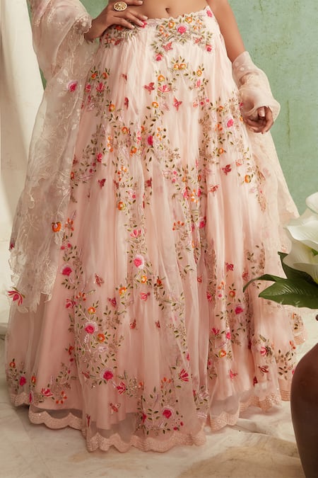 Shop Priyanka Jain Pink Organza, Chanderi V Neck Embroidered Bridal Lehenga Set Online at Aza Fashions Shop_Priyanka Jain_Pink Organza, Chanderi V Neck Embroidered Bridal Lehenga Set _Online_at_Aza_Fashions