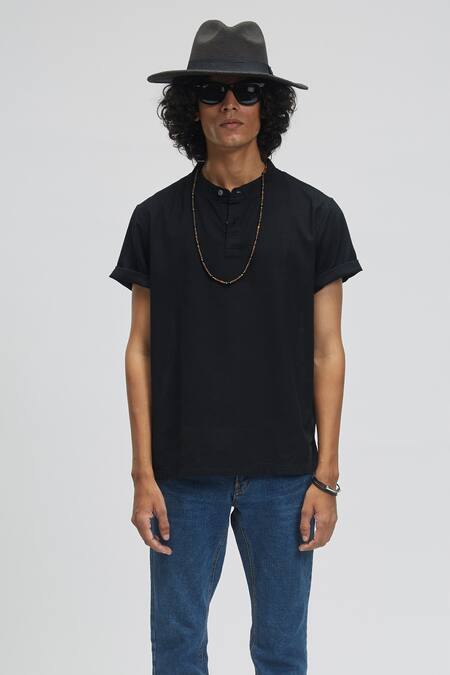 Terra Luna_Black 100% Linen Maui T-shirt _Online_at_Aza_Fashions