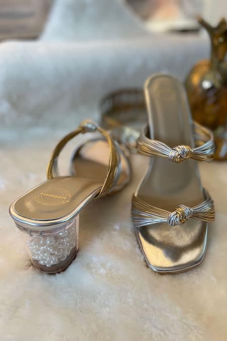 Modanta Footwear Gold Pearls Knotted Square Toe Heels Online at Aza Fashions Modanta Footwear_Gold Pearls Knotted Square Toe Heels _Online_at_Aza_Fashions