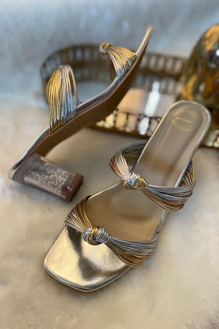 Buy Modanta Footwear Gold Pearls Knotted Square Toe Heels Online at Aza Fashions Buy_Modanta Footwear_Gold Pearls Knotted Square Toe Heels _Online_at_Aza_Fashions