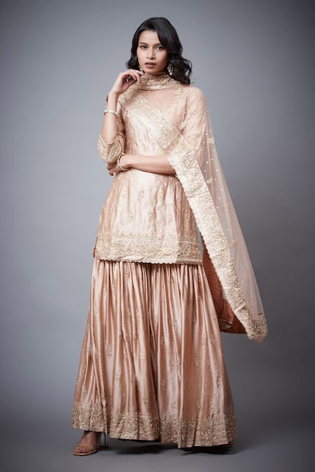 RI.Ritu Kumar Beige Dupatta Polyester Net, Gharara Satin, Kurta Embroidered Set Online at Aza Fashions RI.Ritu Kumar_Beige Dupatta Polyester Net, Gharara Satin, Kurta Embroidered Set _Online_at_Aza_Fashions