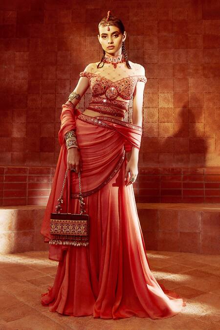Tarun Tahiliani_Orange Bodysuit - Cambric With Tulle, Saree- Shot Chiffon Pre-draped Set_Online_at_Aza_Fashions