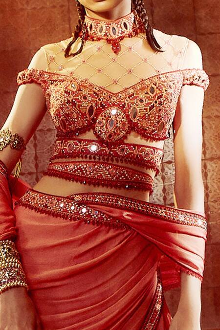 Shop_Tarun Tahiliani_Orange Bodysuit - Cambric With Tulle, Saree- Shot Chiffon Pre-draped Set_Online_at_Aza_Fashions