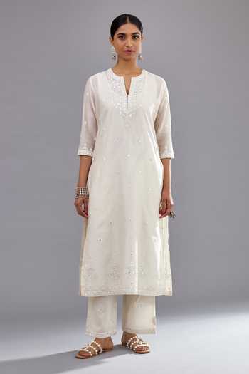 Kora_Off White Silk, Cotton, Chanderi Embroidery, Thread Straight Kurta Pant Set _Online_at_Aza_Fashions
