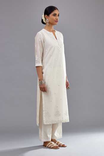 Buy_Kora_Off White Silk, Cotton, Chanderi Embroidery, Thread Straight Kurta Pant Set _Online_at_Aza_Fashions