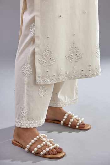 Shop_Kora_Off White Silk, Cotton, Chanderi Embroidery, Thread Straight Kurta Pant Set _Online_at_Aza_Fashions