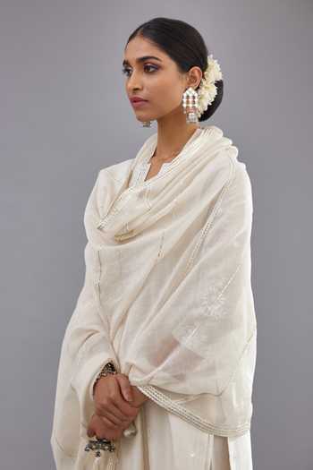 Kora_Off White Silk, Cotton, Chanderi Embroidery, Thread Straight Kurta Pant Set _at_Aza_Fashions