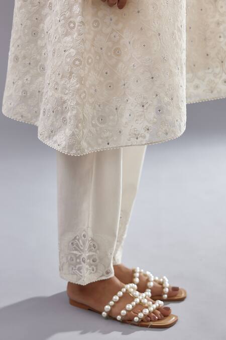 Shop_Kora_Off White Cotton Sequins, Tassels Split V-neck Chanderi Straight Kurta Pant Set _Online_at_Aza_Fashions