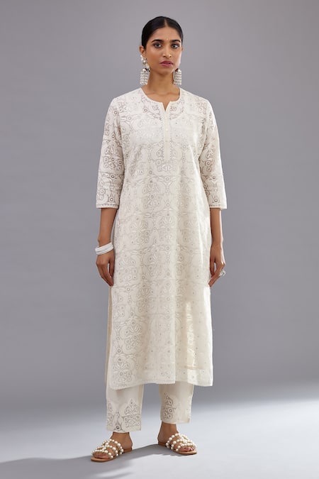 Kora Off White Cotton Sequins, Embroidery Mandarin Jaal And Straight Kurta Pant Set Online at Aza Fashions Kora_Off White Cotton Sequins, Embroidery Mandarin Jaal And Straight Kurta Pant Set _Online_at_Aza_Fashions