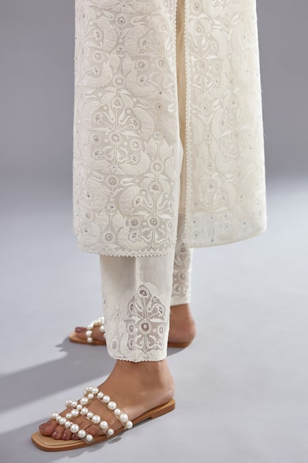 Buy Kora Off White Cotton Sequins, Embroidery Mandarin Jaal And Straight Kurta Pant Set Online at Aza Fashions Buy_Kora_Off White Cotton Sequins, Embroidery Mandarin Jaal And Straight Kurta Pant Set _Online_at_Aza_Fashions