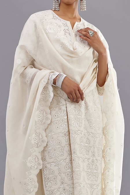 Kora Off White Cotton Sequins, Embroidery Mandarin Jaal And Straight Kurta Pant Set at Aza Fashions Kora_Off White Cotton Sequins, Embroidery Mandarin Jaal And Straight Kurta Pant Set _at_Aza_Fashions