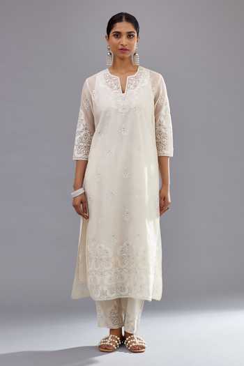 Kora Off White Cotton Sequins Mandarin Collar, Round Neck Embroidered Kurta Pant Set Online at Aza Fashions Kora_Off White Cotton Sequins Mandarin Collar, Round Neck Embroidered Kurta Pant Set _Online_at_Aza_Fashions