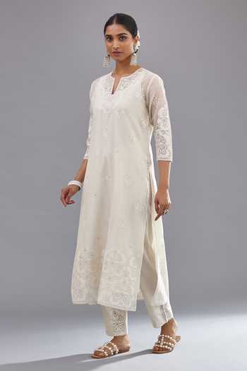 Buy Kora Off White Cotton Sequins Mandarin Collar, Round Neck Embroidered Kurta Pant Set Online at Aza Fashions Buy_Kora_Off White Cotton Sequins Mandarin Collar, Round Neck Embroidered Kurta Pant Set _Online_at_Aza_Fashions
