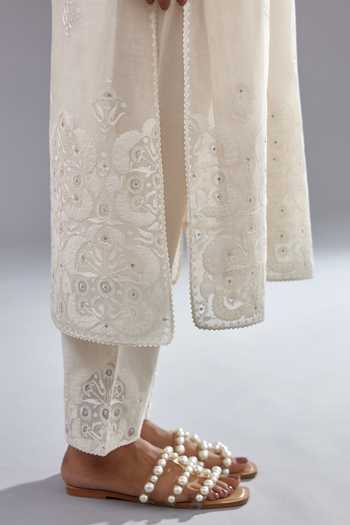 Shop Kora Off White Cotton Sequins Mandarin Collar, Round Neck Embroidered Kurta Pant Set Online at Aza Fashions Shop_Kora_Off White Cotton Sequins Mandarin Collar, Round Neck Embroidered Kurta Pant Set _Online_at_Aza_Fashions