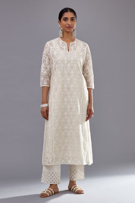 Kora Off White Cotton, Chanderi Sequins, Floral And Straight Kurta Pant Set Online at Aza Fashions Kora_Off White Cotton, Chanderi Sequins, Floral And Straight Kurta Pant Set _Online_at_Aza_Fashions