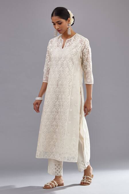 Buy Kora Off White Cotton, Chanderi Sequins, Floral And Straight Kurta Pant Set Online at Aza Fashions Buy_Kora_Off White Cotton, Chanderi Sequins, Floral And Straight Kurta Pant Set _Online_at_Aza_Fashions