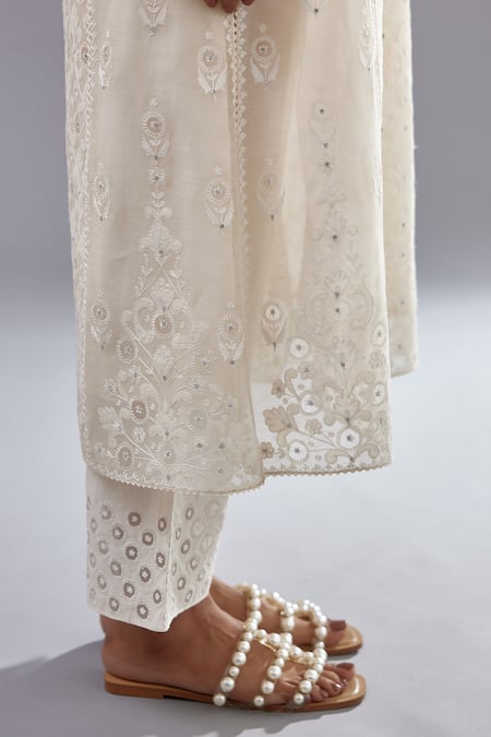 Shop Kora Off White Cotton, Chanderi Sequins, Floral And Straight Kurta Pant Set Online at Aza Fashions Shop_Kora_Off White Cotton, Chanderi Sequins, Floral And Straight Kurta Pant Set _Online_at_Aza_Fashions