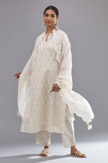 Kora Off White Cotton, Chanderi Sequins, Floral And Straight Kurta Pant Set at Aza Fashions Kora_Off White Cotton, Chanderi Sequins, Floral And Straight Kurta Pant Set _at_Aza_Fashions