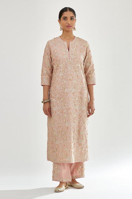 Kora_Pink , Chanderi, , Beads, Gota Patti, Jaal Kurta Set _Online_at_Aza_Fashions