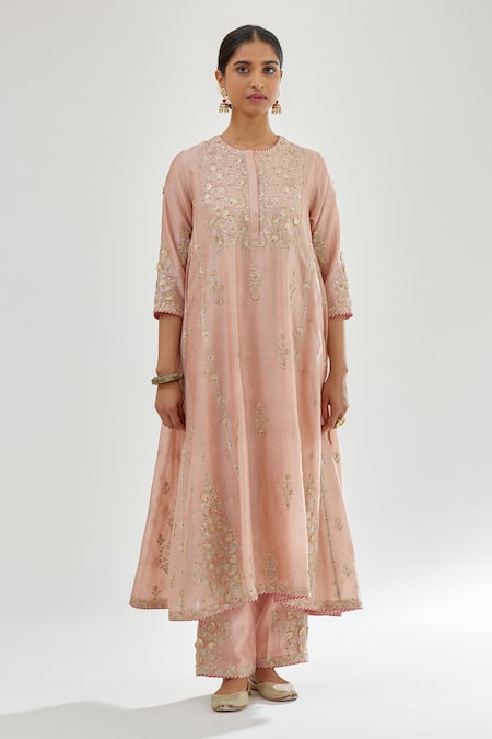 Kora_Pink , Organza Embroidery, Beads, Gota Chanderi A-line Long Kurta Set _Online_at_Aza_Fashions