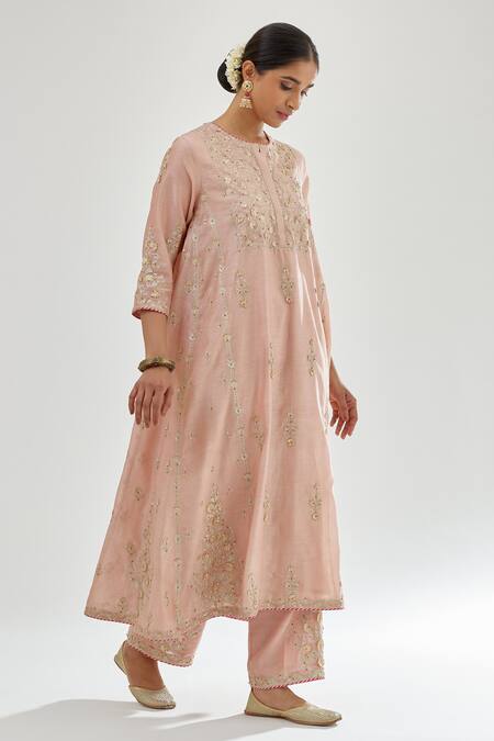 Buy_Kora_Pink , Organza Embroidery, Beads, Gota Chanderi A-line Long Kurta Set _Online_at_Aza_Fashions