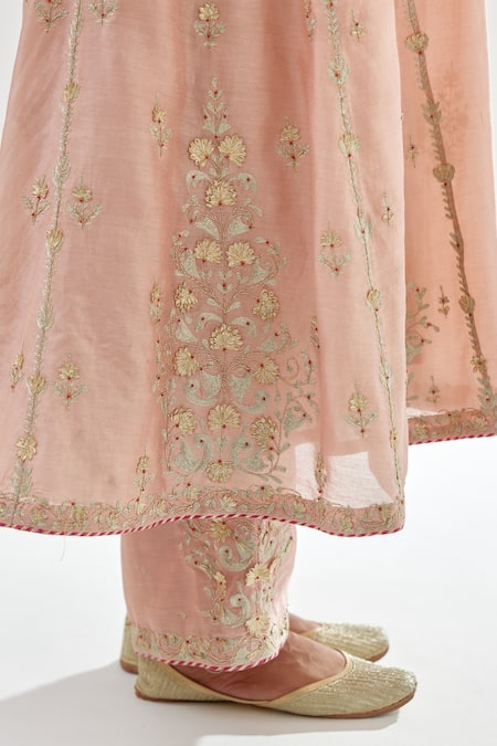Kora_Pink , Organza Embroidery, Beads, Gota Chanderi A-line Long Kurta Set _at_Aza_Fashions