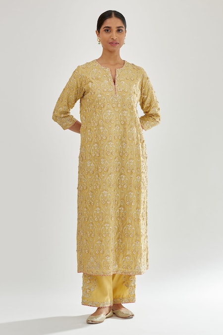 Kora_Yellow Silk Organza, Silk, Chanderi Gota Patti, Tassels, Paisley Kurta Set _Online_at_Aza_Fashions