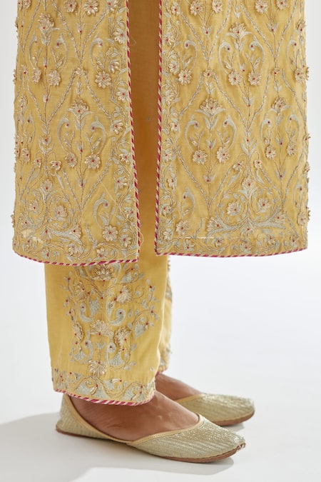 Shop_Kora_Yellow Silk Organza, Silk, Chanderi Gota Patti, Tassels, Paisley Kurta Set _Online_at_Aza_Fashions