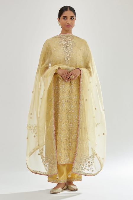 Kora_Yellow Silk Organza, Silk, Chanderi Gota Patti, Tassels, Paisley Kurta Set _at_Aza_Fashions