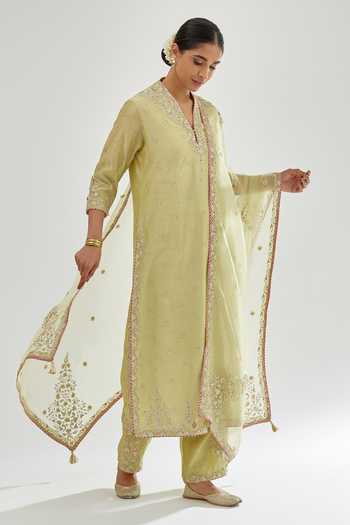 Buy_Kora_Green , Organza Gota Patti, Tassels, Chanderi Straight Kurta Set 