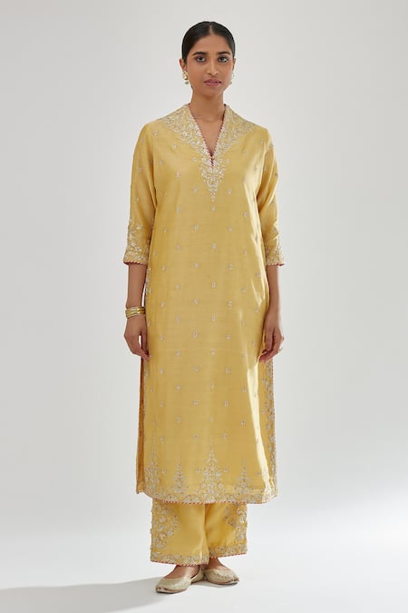 Kora_Yellow , Chanderi, Organza Beads, Gota Patti, Zari, Kurta Set _Online_at_Aza_Fashions