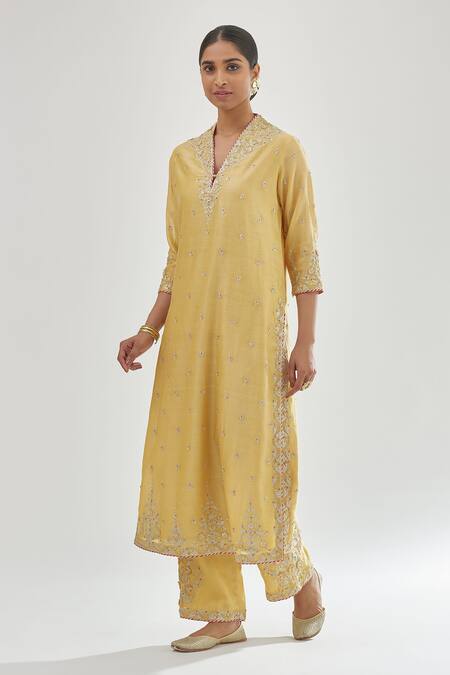 Buy_Kora_Yellow , Chanderi, Organza Beads, Gota Patti, Zari, Kurta Set _Online_at_Aza_Fashions