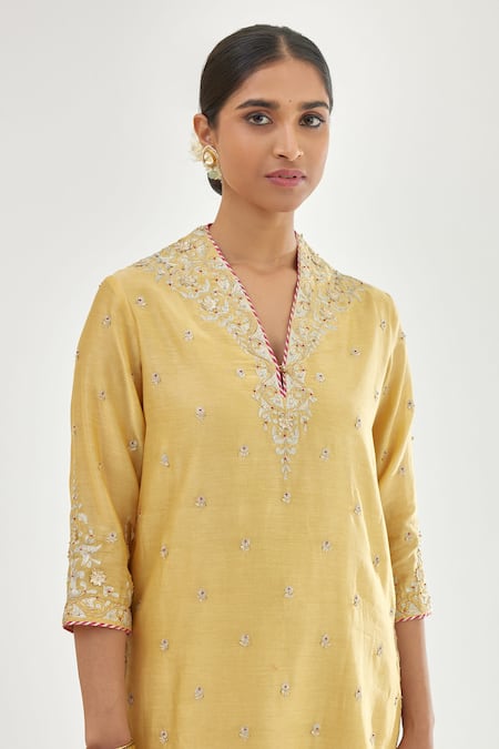 Shop_Kora_Yellow , Chanderi, Organza Beads, Gota Patti, Zari, Kurta Set _Online_at_Aza_Fashions