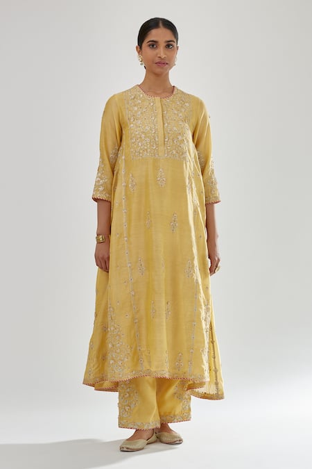 Kora_Yellow , Chanderi, Organza Gota Patti, Embroidery, A-line Kurta Set _Online_at_Aza_Fashions