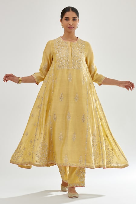 Buy_Kora_Yellow , Chanderi, Organza Gota Patti, Embroidery, A-line Kurta Set _Online_at_Aza_Fashions