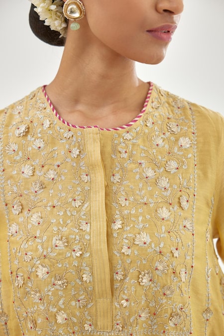Shop_Kora_Yellow , Chanderi, Organza Gota Patti, Embroidery, A-line Kurta Set _Online_at_Aza_Fashions