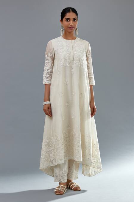 Kora Off White Cotton, Chanderi Sequins, Embroidery Floral A-line Kurta Pant Set Online at Aza Fashions Kora_Off White Cotton, Chanderi Sequins, Embroidery Floral A-line Kurta Pant Set _Online_at_Aza_Fashions