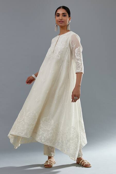 Buy Kora Off White Cotton, Chanderi Sequins, Embroidery Floral A-line Kurta Pant Set Online at Aza Fashions Buy_Kora_Off White Cotton, Chanderi Sequins, Embroidery Floral A-line Kurta Pant Set _Online_at_Aza_Fashions