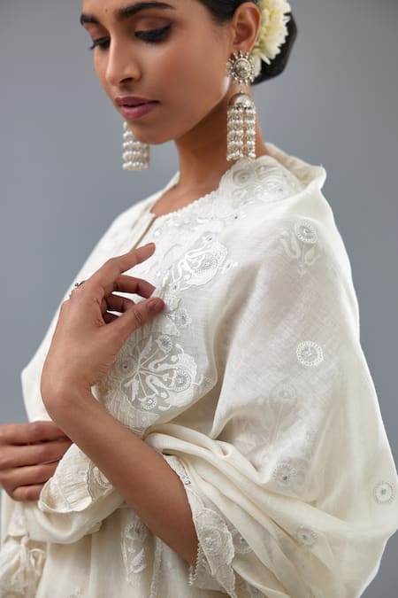 Kora Off White Cotton, Chanderi Sequins, Embroidery Floral A-line Kurta Pant Set at Aza Fashions Kora_Off White Cotton, Chanderi Sequins, Embroidery Floral A-line Kurta Pant Set _at_Aza_Fashions