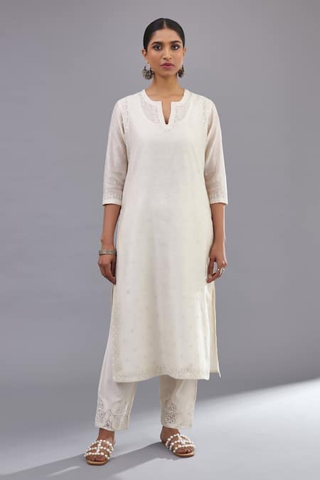 Kora_Off White Silk, Cotton, Chanderi Sequins, Embroidery Straight Kurta Pant Set _Online_at_Aza_Fashions