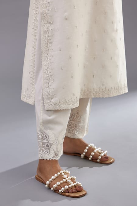 Shop_Kora_Off White Silk, Cotton, Chanderi Sequins, Embroidery Straight Kurta Pant Set _Online_at_Aza_Fashions
