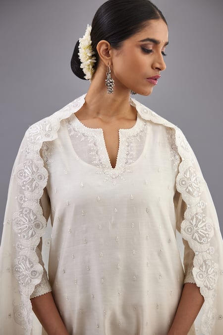 Buy_Kora_Off White Silk, Cotton, Chanderi Sequins, Embroidery Straight Kurta Pant Set 