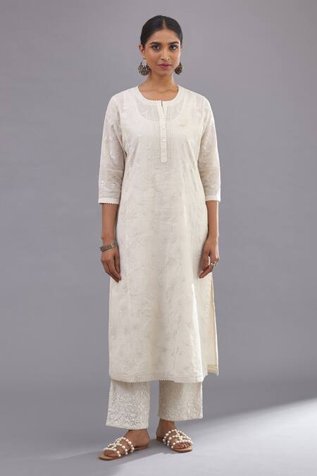 Kora_Off White Chanderi, Cotton Sequins, Floral Embroidered Straight Kurta Pant Set _Online_at_Aza_Fashions