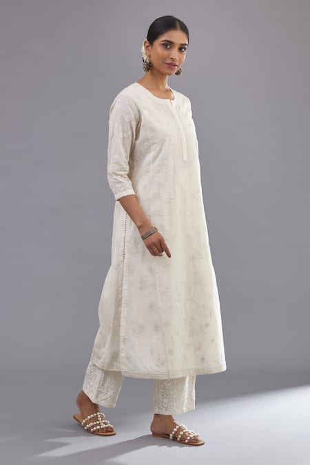 Shop_Kora_Off White Chanderi, Cotton Sequins, Floral Embroidered Straight Kurta Pant Set _Online_at_Aza_Fashions