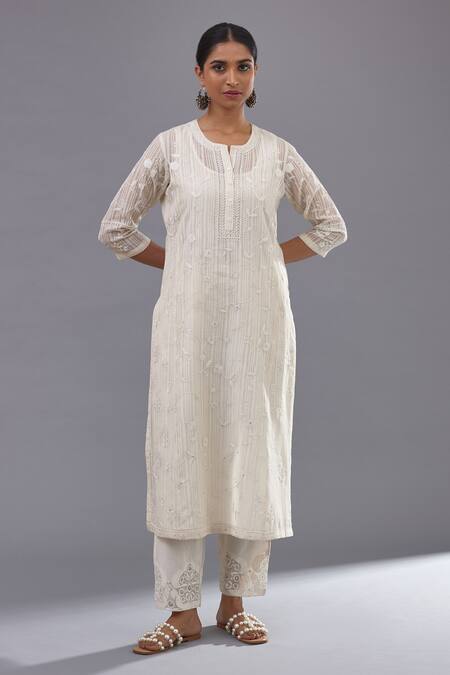 Kora_Off White Cotton, Chanderi Sequins, Embroidery, Jaal Straight Kurta Pant Set _Online_at_Aza_Fashions