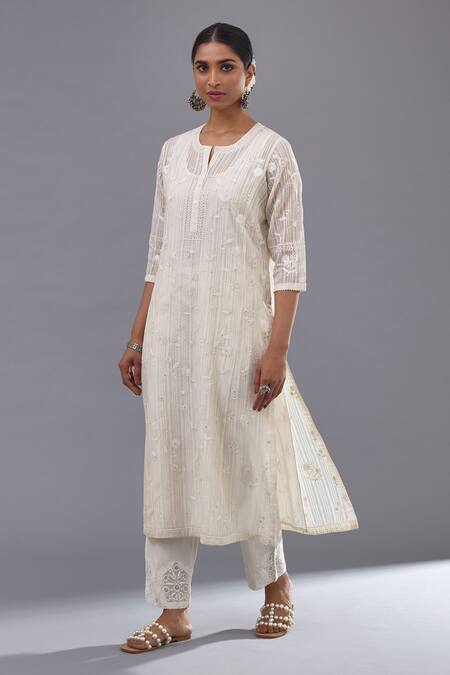 Buy_Kora_Off White Cotton, Chanderi Sequins, Embroidery, Jaal Straight Kurta Pant Set _Online_at_Aza_Fashions