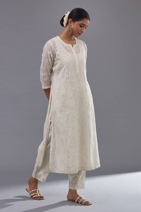 Shop_Kora_Off White Cotton, Chanderi Sequins, Embroidery, Jaal Straight Kurta Pant Set _Online_at_Aza_Fashions