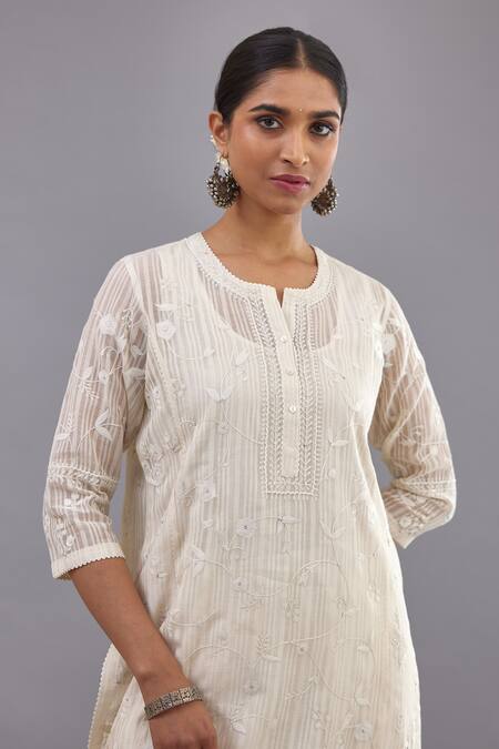 Kora_Off White Cotton, Chanderi Sequins, Embroidery, Jaal Straight Kurta Pant Set _at_Aza_Fashions