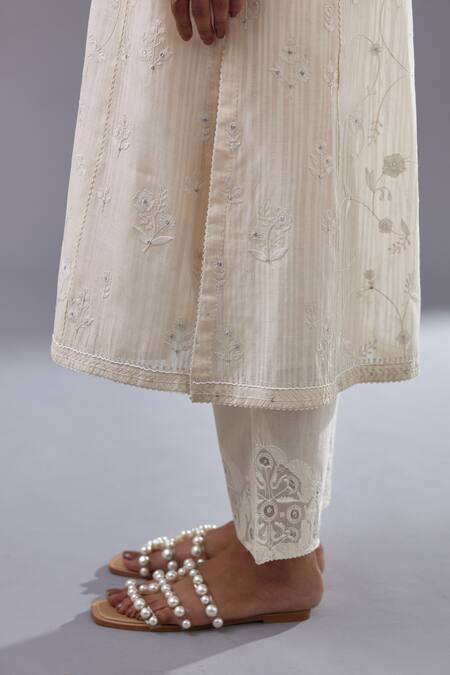 Buy_Kora_Off White Cotton, Chanderi Sequins, Embroidery, Jaal Straight Kurta Pant Set 